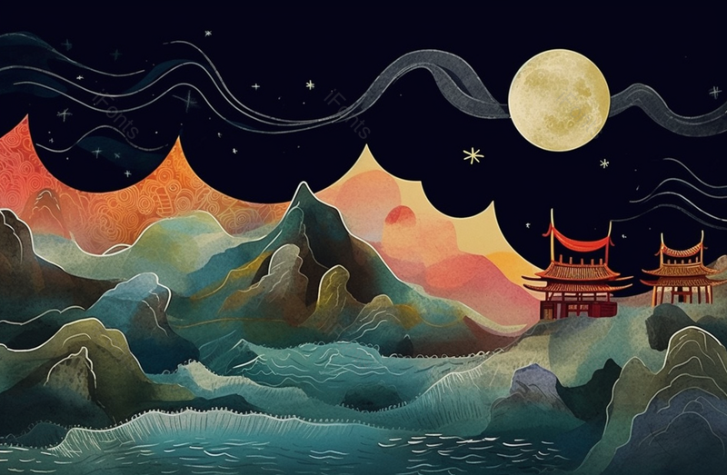 满月蓝色星空夜晚山川湖泊岸边古代建筑国风写意插画,插画/手绘图,插画/手绘图库,插画/手绘图下载,插画/手绘